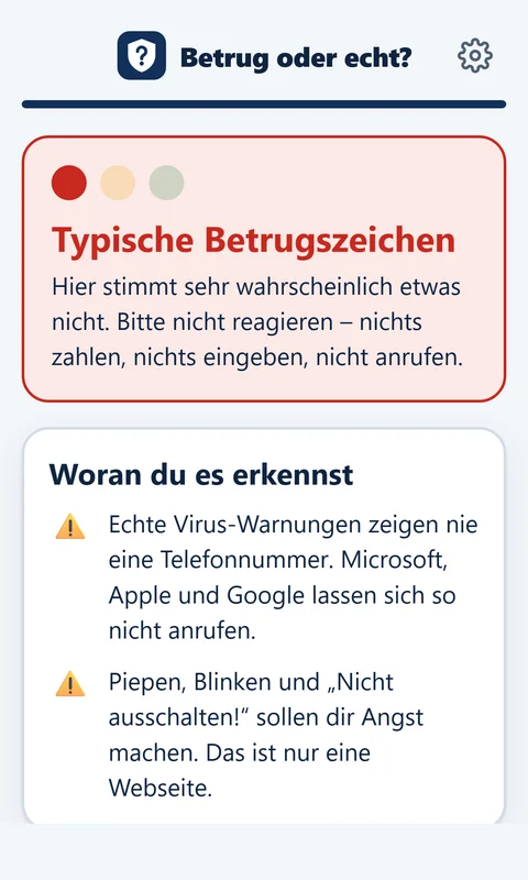 App Betrug oder echt?: rote Ampel mit Betrugszeichen und Schritten, was jetzt zu tun ist
